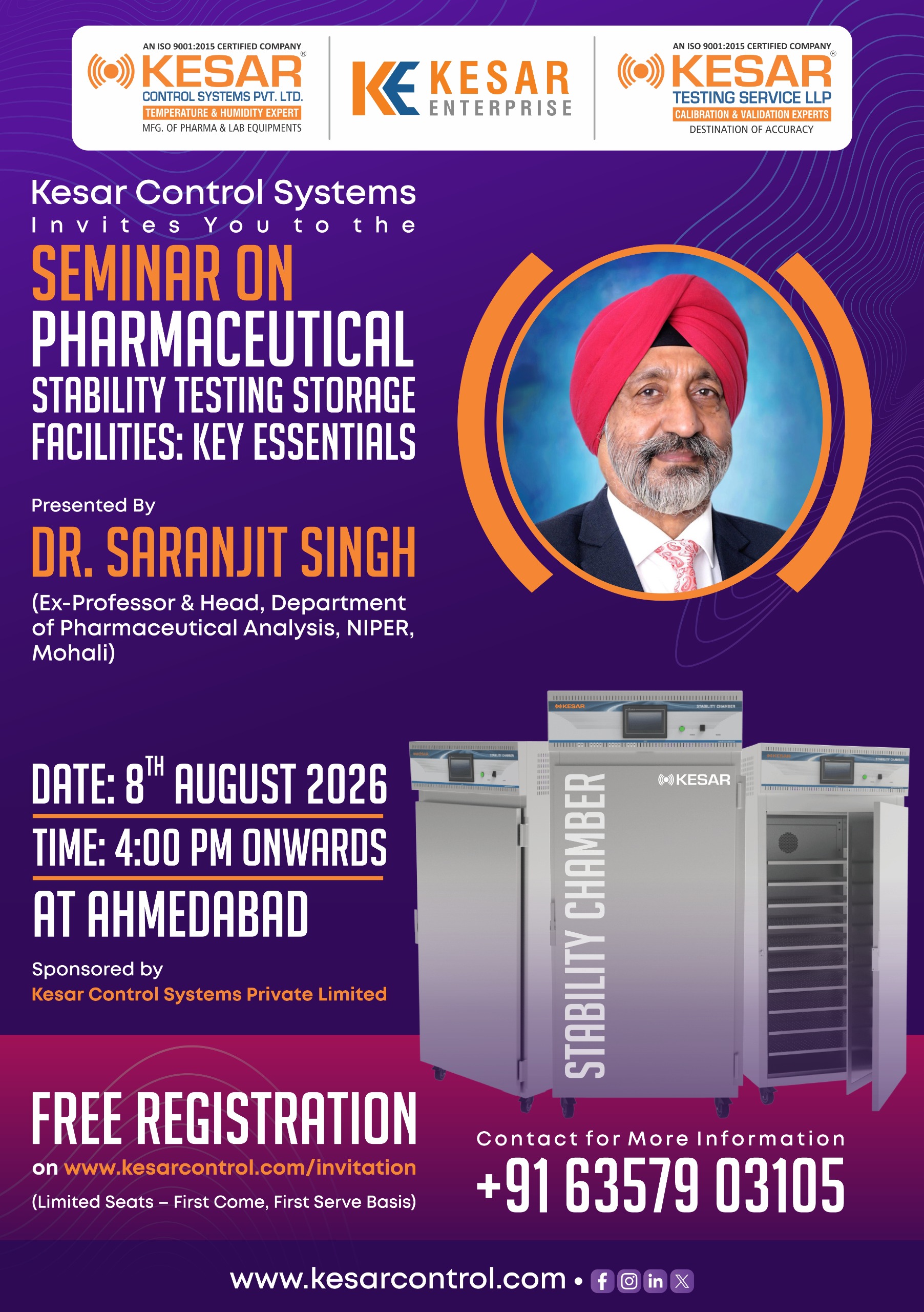 KESAR Control Systems — Seminar on Stability Testing of Pharmaceuticals, Updates & Challenges, presented by Dr. Saranjit Singh, 08 Aug 4 PM at Ahmedabad